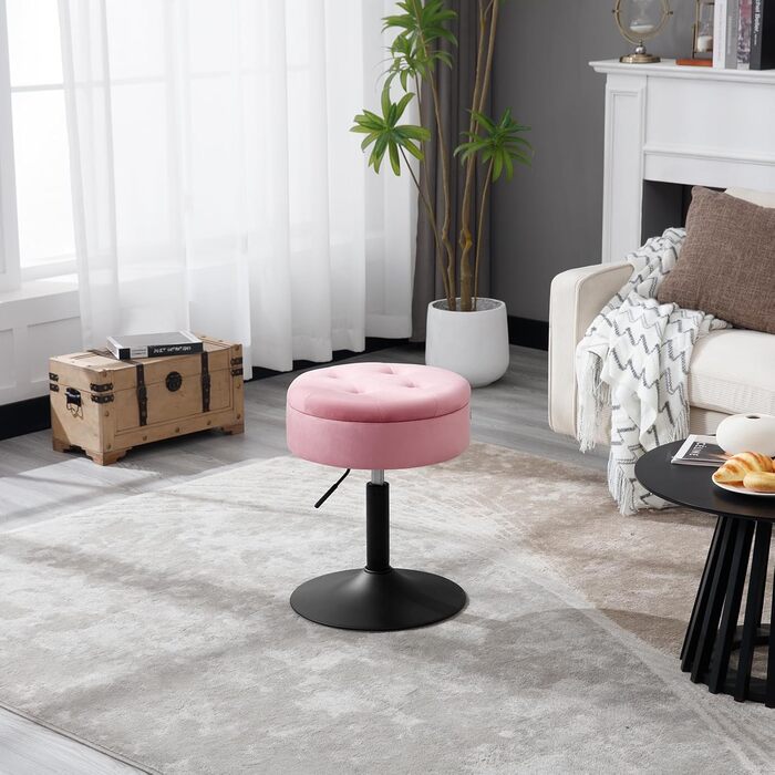 Стілець для туалетного столика WOLTU BH329sz-1, пуф з місцем для зберігання, регульована висота, обертається на 360°, рожевий, велюр