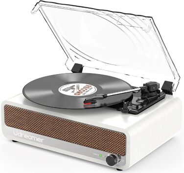 Вініловий програвач Udreamer з Bluetooth, динаміками, USB, AUX, RCA, 3 швидкості, ремінний привід, дзеркальний дизайн, білий
