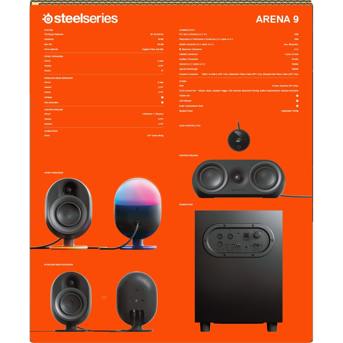 SteelSeries Arena 7 - 2.1-канавна акустика для геймінгу, RGB, USB, Aux, Bluetooth, чорний