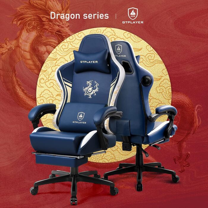 Ігрове крісло GTPLAYER з Bluetooth, Підставка для ніг, Серія Dragon, Ергономічний, Синій