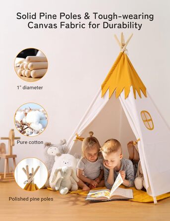 Намет Besrey Teepee для дітей, бавовняний ігровий намет для внутрішнього / зовнішнього використання з підсвічуванням і килимком (жовтий)