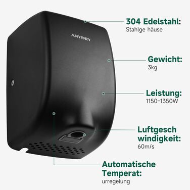Anydry 2803Y Міні-сушарка для рук, 1350W, нержавіюча сталь, матове чорне покриття, для дому та бізнесу