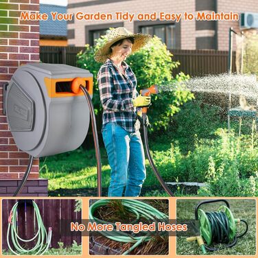 Шланговий барабан з шлангом для саду, настінний, поворотний на 180°, автоматичне змотування, шланговий бокс з ручною лійкою (9 функцій), для поливу, миття авто (сіро-помаранчевий, 20м)