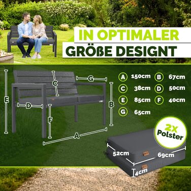 Садова лавка Tillvex® 3-4 місця з подушками та чохлом, вулична, стійка до погодних умов, деревоподібна, до 300 кг, антрацит 150 см