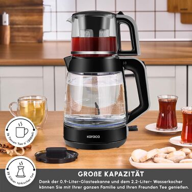 Чайник-заварник Karaca Glass XL 2 в 1 Shiny Black, 0.9л, 2.2л, LED, автоматичний, поворотний, енергоефективний