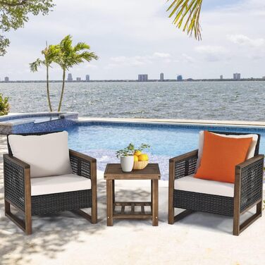 Набір садово-розкладних меблів GIANTEX з ротангу (3 шт.), садова група для балкону на 2 особи, Lounge Set з 2 кріслами та дерев'яним столом, коричневий, з подушками