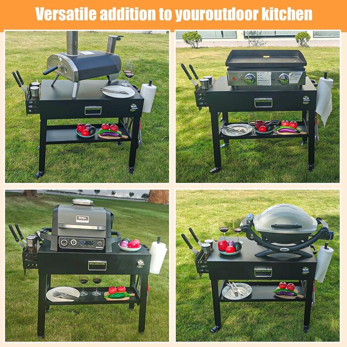 Мобільний гриль-візок для Ninja Woodfire, Weber, Blackstone, Nexgrill, Traeger та інших грилів, візок для гриля з колесами та тримачем для паперових рушників (86 см)