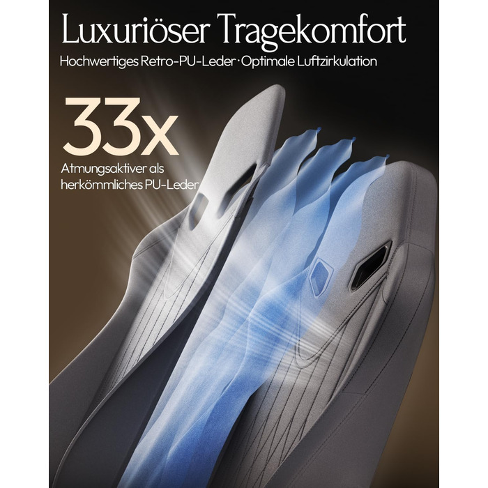 Ігровий крісло Dowinx з масажем, ергономічний дизайн, підтримка попереку та шиї, до 135 кг, шкіра, чорний (сірий), для дорослих