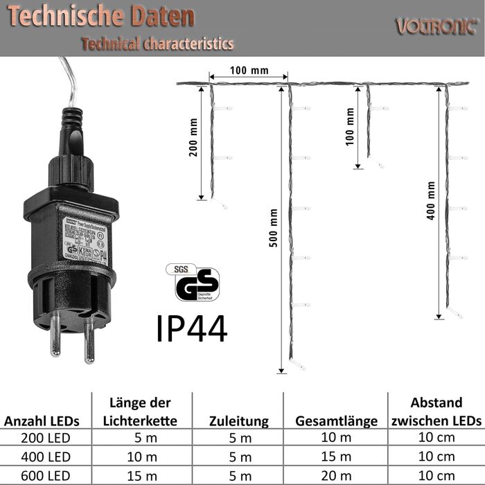 Струнні ліхтарі VOLTRONIC Eisregen, IP44, 600 теплих білих світлодіодів, для внутрішнього та зовнішнього використання, вибір розміру та кольору