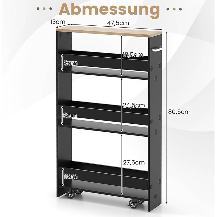 Візок для ніші COSTWAY 13см, 4 яруси, полиця для кухні/ванної на колесах, 47,5x13x80,5см (чорнийнатуральний)