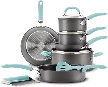 Набір посуду Rachael Ray, 11 предметів, з антипригарним покриттям, з нержавіючої сталі, сірий з блакитними ручками
