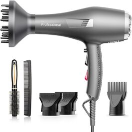 Професійний іонний фен для волосся Dekuri з дифузором та 2 насадками, 3 режими температури та 2 швидкості, сірий