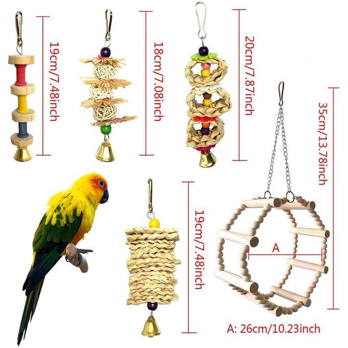 Різнокольорові іграшки для папуг для пташиної клітки підвісні гойдалки дзвіночки Гамак сідала жувальні іграшки для папуги з натурального дерева (комплект 1), 10 шт.