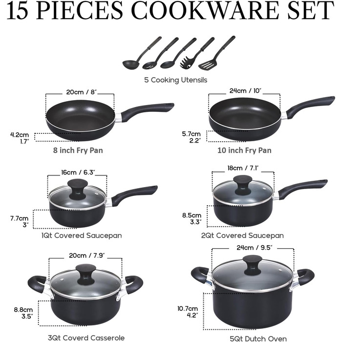 Набір посуду Cook N Home Basics 15 предметів: каструлі та сковорідки з антипригарним покриттям, алюміній, чорний