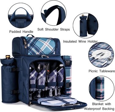 Набір для пікніка ALLCAMP Outdoor Gear на 4 особи, блакитний: рюкзак, деки, посуд, тримач для пляшок/вина