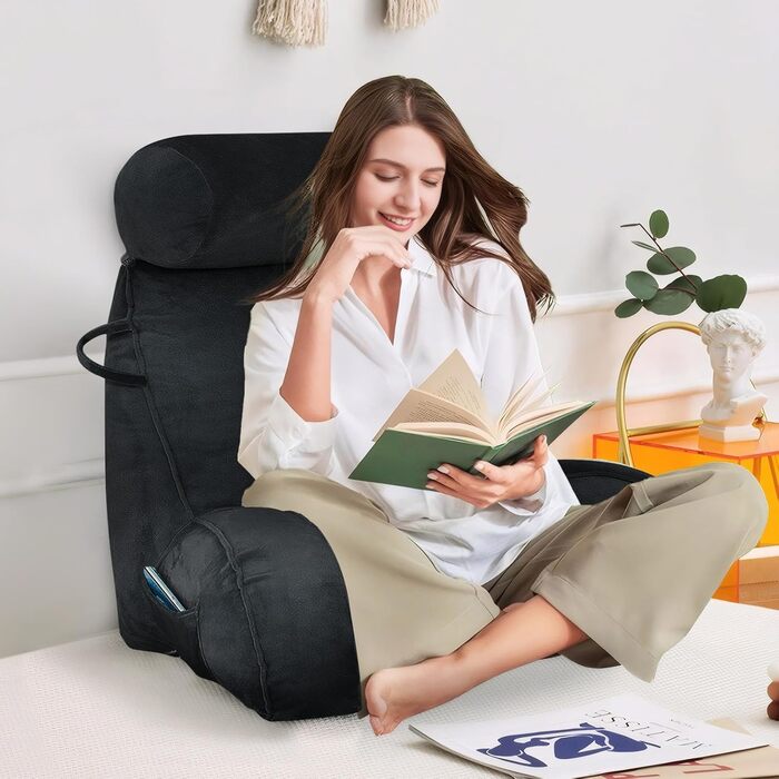 М'яке крісло-мішок для читання з велюру, для дорослих, з підтримкою спини та підлокітниками, з кишенею та знімним чохлом (Кофе, Чорний)