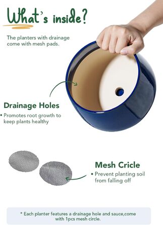 Керамічні горщики LE TAUCI з підставкою, 10+13+16 см, набір з 3 горщиків для кімнатних рослин, з дренажним отвором, колір Сафіровий Блакитний