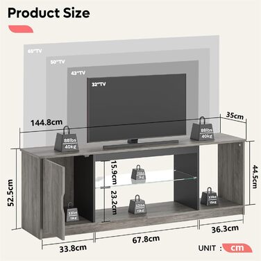 Тумба під телевізор Bestier 145x35x52 см для телевізорів до 65 дюймів з RGB LED-підсвічуванням (22 кольори) та регульованими скляними полицями - низький комод для вітальні, спальні (Сірий)