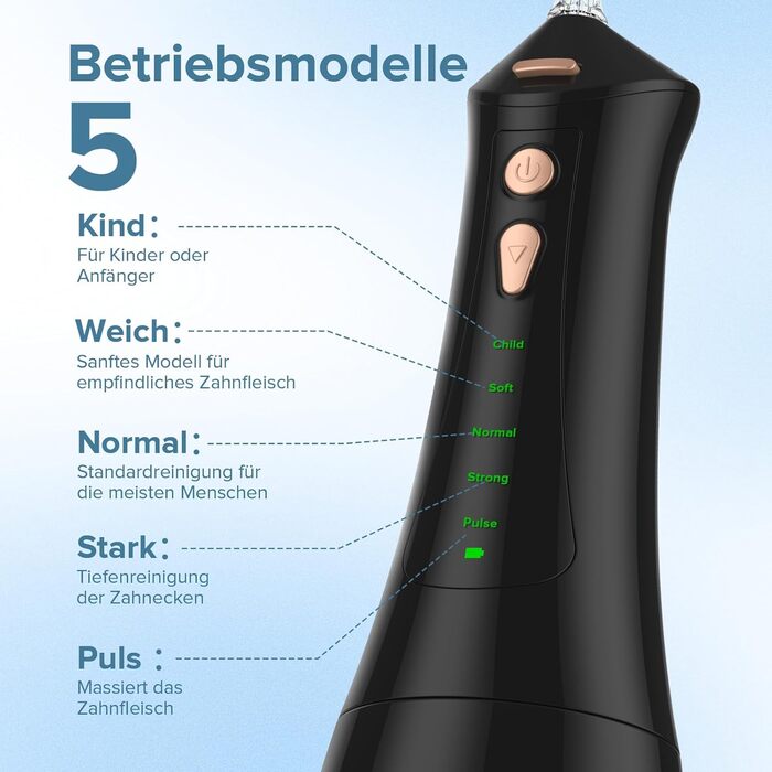 Електричний ірigator для порожнини рота Munddusche, 5 режимів, 5 насадок, 300 мл резервуар, перезаряджається, для чищення зубів та ясен, водонепроникний IPX7, чорний