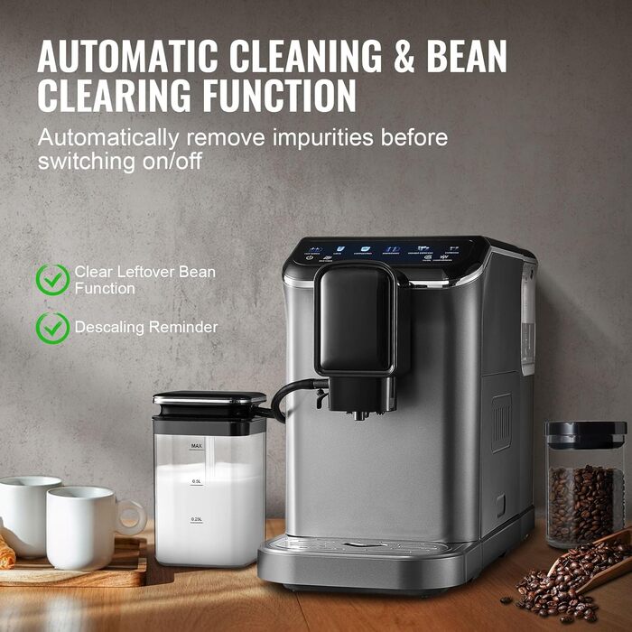 VEVOR Кавомашина автоматична, вбудована кавомолка, 15 ступенів помелу, резервуар для води 1,5 л, контейнер для кавових зерен 180 г (CM9002M-CB)