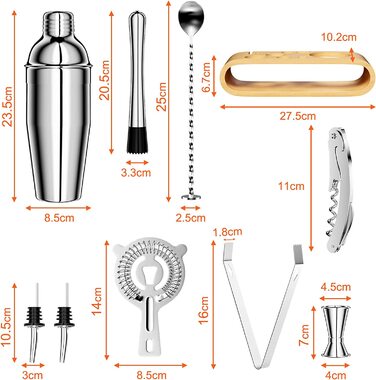 Набір для коктейлів Newpop об'ємом 750 мл, шейкер з нержавіючої сталі 10 шт. з дерев'яною підставкою, професійні аксесуари для бармена, з подвійною мірною чашкою, ложкою, наливачем, для змішування напоїв, вдома, в барі ,на вечірці (срібло)