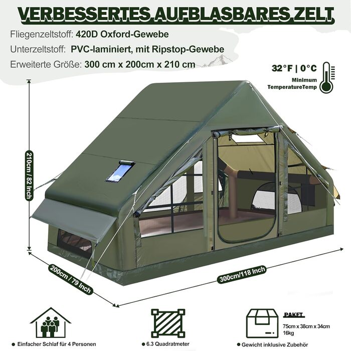 Надувний кемпінговий намет Oxford 420D для глемпінгу 4-5 осіб з насосом, водонепроникний (3000 мм), 4 сезони, з вікнами-москітними сітками, під камін, 300x210x200 см