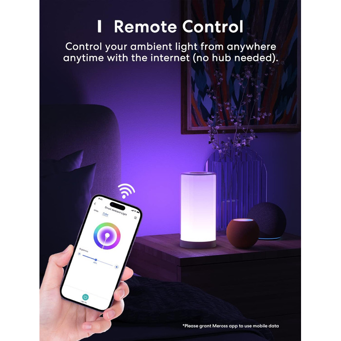 Приліжковий світлодіодний світильник Meross Wi-Fi, сумісний з Apple HomeKit, Alexa, Google, dimmable, RGBCW, Touch.