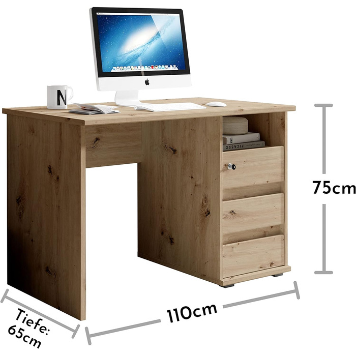 Письмовий стіл з висувними ящиками, - Офісний стіл Комп'ютерний стіл для домашнього офісу з місцем для зберігання та відкритим відсіком для зберігання - 110 x 75 x 65 см (Ш/В/Г) (ширина 110 см, дуб Ремісник), 1