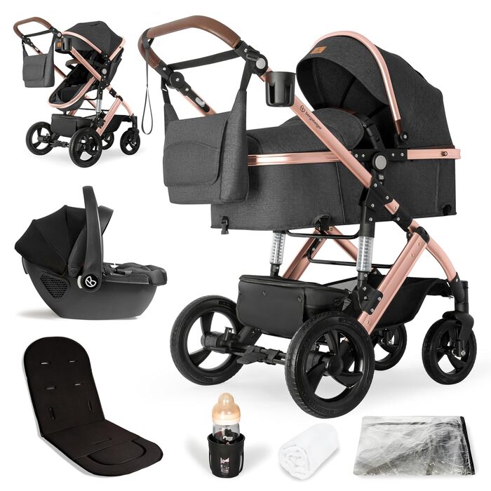 Дитяча коляска Bergsteiger Nizza 3 в 1 (сірий колір), комплект: автокрісло, шасі rose golden, люлька, прогулянковий блок