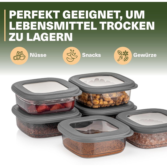 Набір контейнерів для зберігання продуктів 18 шт. – з контейнером для спагеті 2,0 л та 6 дозаторами для спецій з кришками, стекові, герметичні, без BPA, 52 етикетки (12 шт.) + 6 дозаторів для спецій (12 шт., 250 мл, сірий)