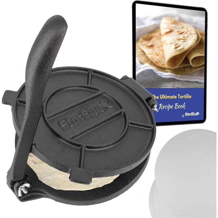 Пресс для тортильї StarBlue з чавуну, 10 дюймів (25 см), 100 шт. паперу для випікання, електронна книга з рецептами, для приготування чіпаті, роті, тортильї