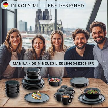 Набір посуду SÄNGER Manila на 6 осіб (30 предметів) | Керамічний сервіз, блакитний з чорним обідком