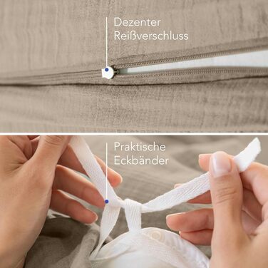 Набір постільної білизни Dreamzie з мусліну 135x200 см, 100% бавовна (4 шт.) – 2 наволочки 80x80 см, 2 наволочки 80x80 см, закривається на блискавку, сертифікат Oeko-Tex, колір: тауп