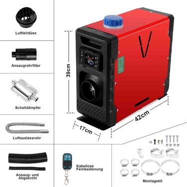 Дизельний обігрівач 8KW 12V з Bluetooth, LCD дисплеєм та пультом дистанційного керування для авто, RV, човнів та караванів, червоний