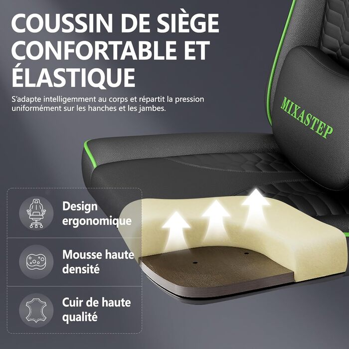 Ергономічне геймерське крісло з підніжкою, Racing-модель, регульована підголовник та поперекова підтримка, для дому та геймінгу, білий (зелений)