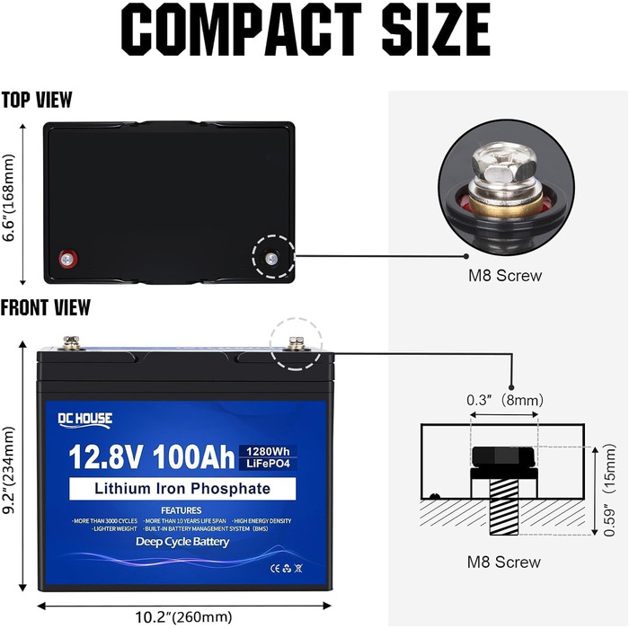 Акумуляторна батарея DCHOUSE 12V 100Ah LiFePO4 із зарядними пристроями на 10 А, оновлений BMS 100 А, до 15000 циклів, літієва батарея 1280 Втгод, ідеально підходить для автофургонів, сонячної системи, каравану, човнів, кемпінгу, автономного режиму (12 В 1