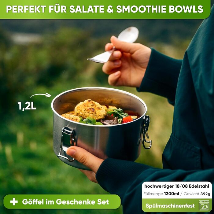 Ланчбокс дитячий преміум з нержавіючої сталі, 1200 мл, круглий, з ложкою та 2 ущільнювачами, витримує температуру духовки, придатний для миття в посудомийній машині