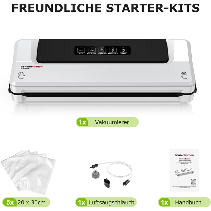 Вакууматор для продуктів Bonsenkitchen — швидкий вакуумний пакувальник з функцією запайки, білий (комплект: 5 пакетів та шланг)