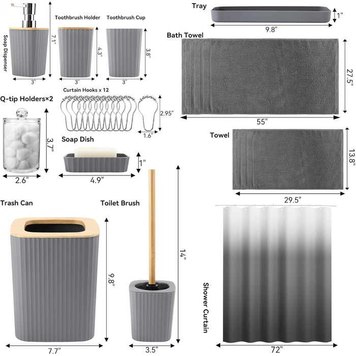 Комплекти аксесуарів для ванної кімнати, 9 предметів: сміттєвий бак, лоток для косметики, дозатор мила, мильниця, стакан для зубної щітки, щітка для унітазу та тримач для ватних паличок