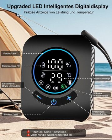 Портативна душ для кемпінгу AUTOPkio з акумулятором 8000mAh, насосом та дисплеєм, IPX8, чорний