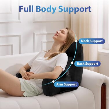 Подушка для читання з підлокотниками для дорослих, спинка для сидіння в ліжку, подушка з подрібненим пінополіуретаном з кишенями та знімним, пральним чохлом, для відпочинку, перегляду телевізора (Чорний, Стандартний L(20 дюймів))