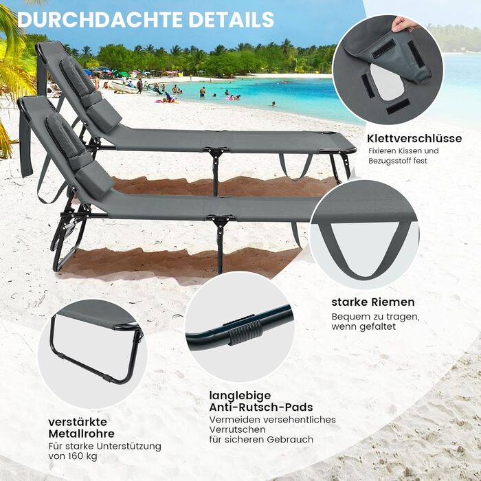 Лежак для відпочинку COSTWAY з отвором для обличчя, розкладний садовий лежак з 3 знімними подушками та 5-рівневим регулюванням спинки, лежак для пляжу, саду та басейну (сірий, окремий)