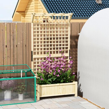 Підвищене грядка з шпалером та дахом, ящик для рослин, квітник, стійкий до погодних умов, дерево, 90 x 45 x 183 см, натуральне дерево