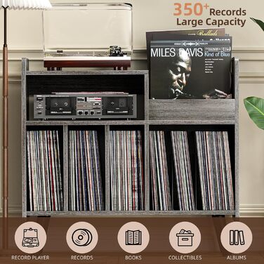 Стіл для програвача, стійка для вінілових пластинок середини століття з місцем для зберігання до 350+ альбомів, шафа для вінілу з регульованими полицями (Сірий)