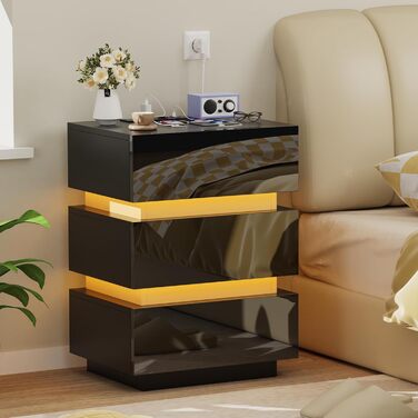 Нічний столик з розеткою та LED-підсвіткою, нічний комод з функцією зарядки та USB, 2 висувні ящики (45x35x46/62 см, Чорний)