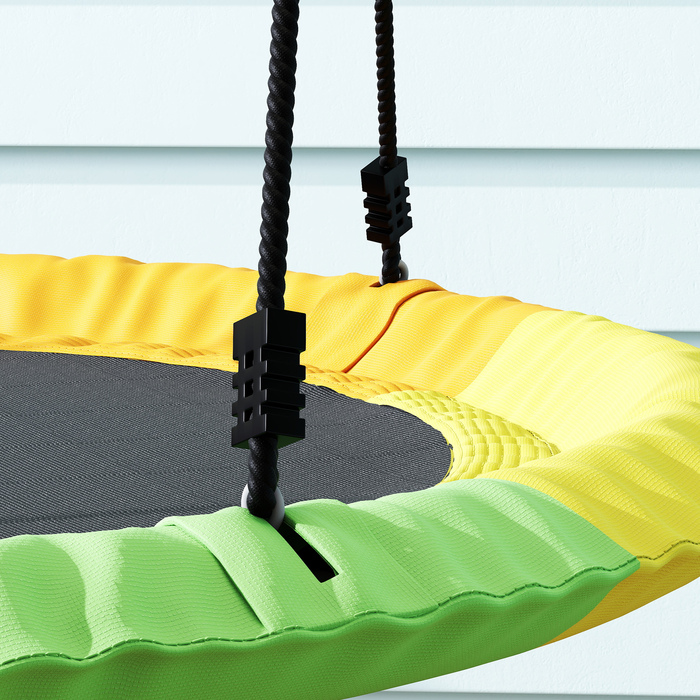 Дитяча гойдалка-качель з регульованою висотою, вантажопідйомністю до 300 кг та регульованими мотузками, розміром 100 x 100 x 180 см, у різних кольорах.
