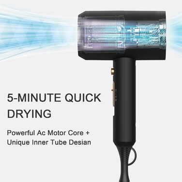 Іонний фен для волосся Slopehill 1800W для швидкого сушіння, професійний салонний фен з 3 режимами температури, 2 швидкостями, кнопкою холодного повітря, 3 концентраторами та дифузором (Графітовий чорний)