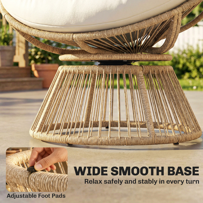 Крісло-папасан 360° обертове, плетене з ротангу з подушкою, сталевий каркас, кругле, кремово-біле лаунж-крісло