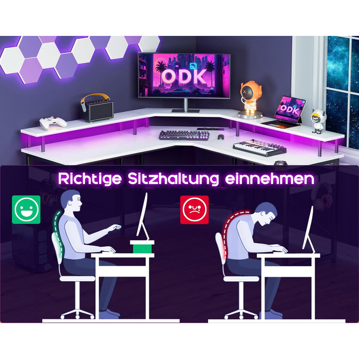 Ігровий стіл ODK 129x129 см з LED підсвіткою, 2 розетки та 2 USB, для ПК та комп'ютера, білий