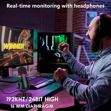 TECURS Мікрофон USB для ігор з RGB підсвічуванням, шумозаглушенням та студійним звуком – для стрімінгу, подкастів, PC, Mac, PS4, консолі, чорний